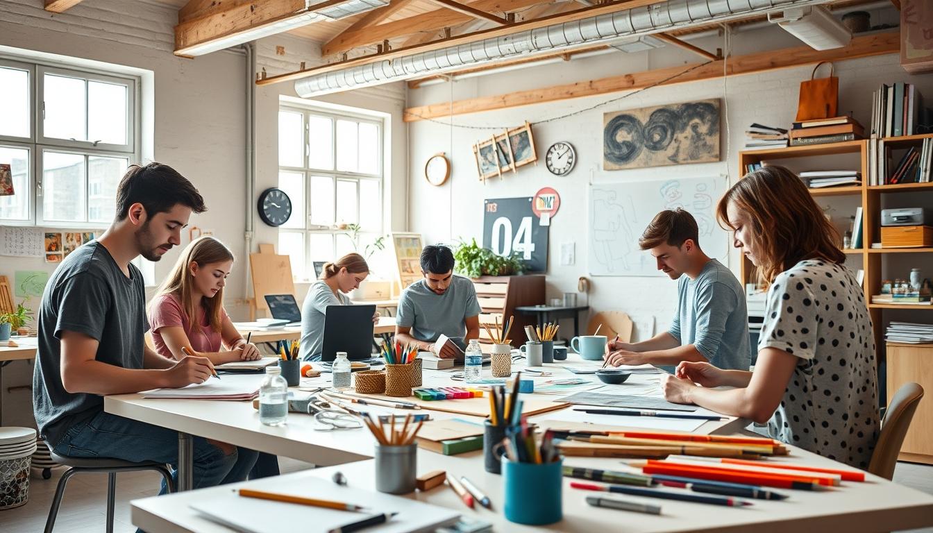 Students studying together in modern classroom